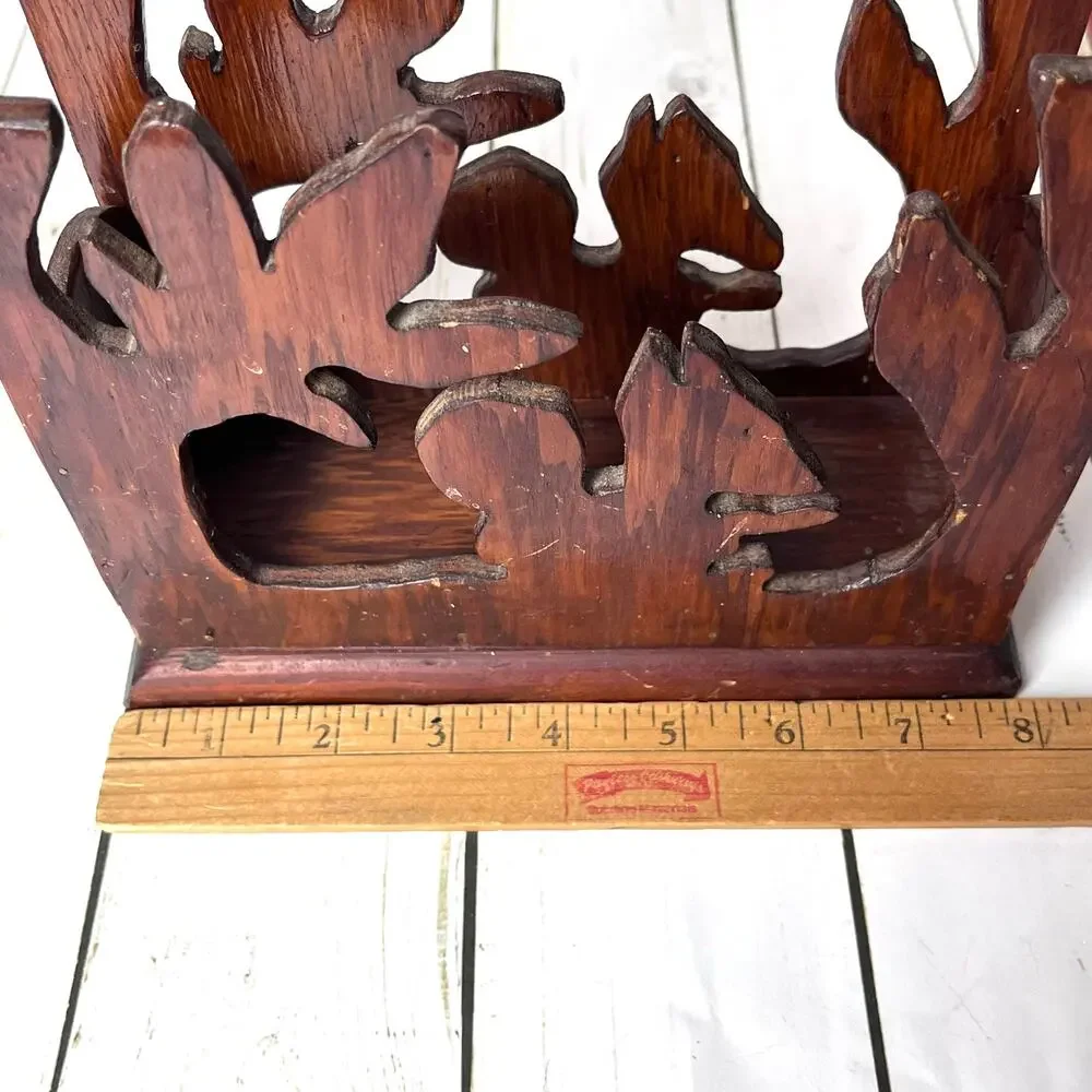 Vintage Hand Carved Wooden Desk Organizer Napkin Holder Rustic Woodland Nature